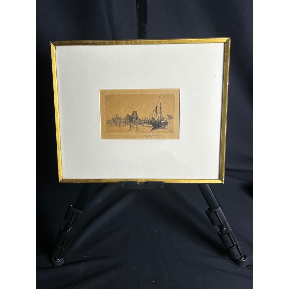 Stephen Parrish Original Etching Signed Nautical Harbor Scene Gold Frame Small‎